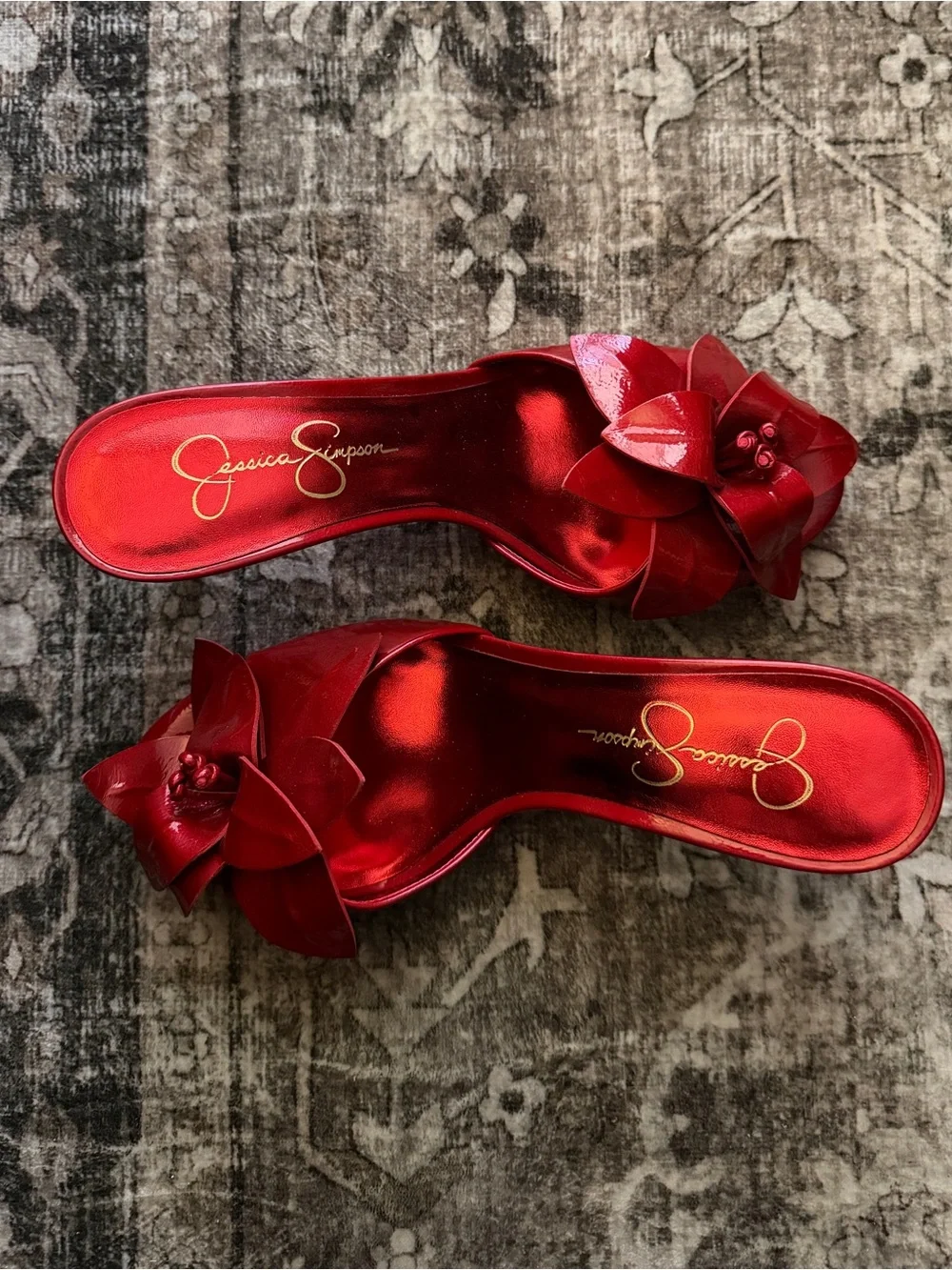 Jessica Simpson Rubi Red Patent Flower Peep Toe Heels Pumps Size 10